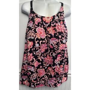 Land's End Swim Top Tankini Purple Black Flower Floral 18DD Built-in Bra Loose